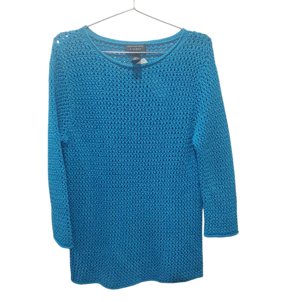 NWT RALPH LAUREN Womens Teal Blue Hand Knit Sweater Size XL New